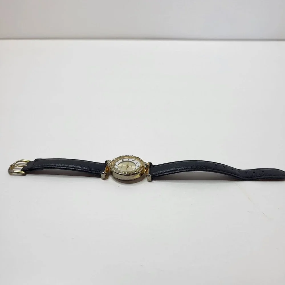 LA Express Watch Women Gold Stainless Steel Batt Black Leather‎ Band Quartz